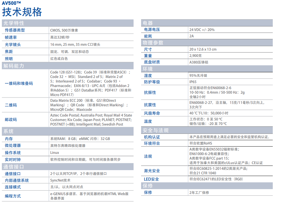 得利捷AV500遠距離二維碼掃描器技術參數