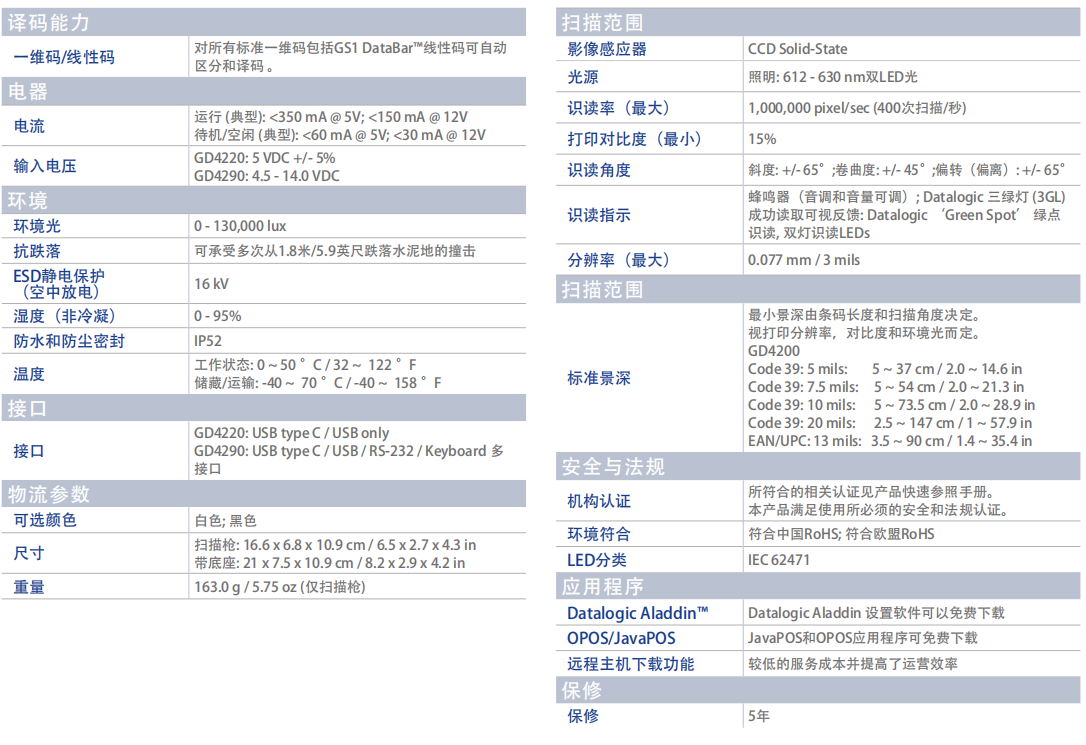 得利捷Gryphon GD4200手持式掃碼槍參數